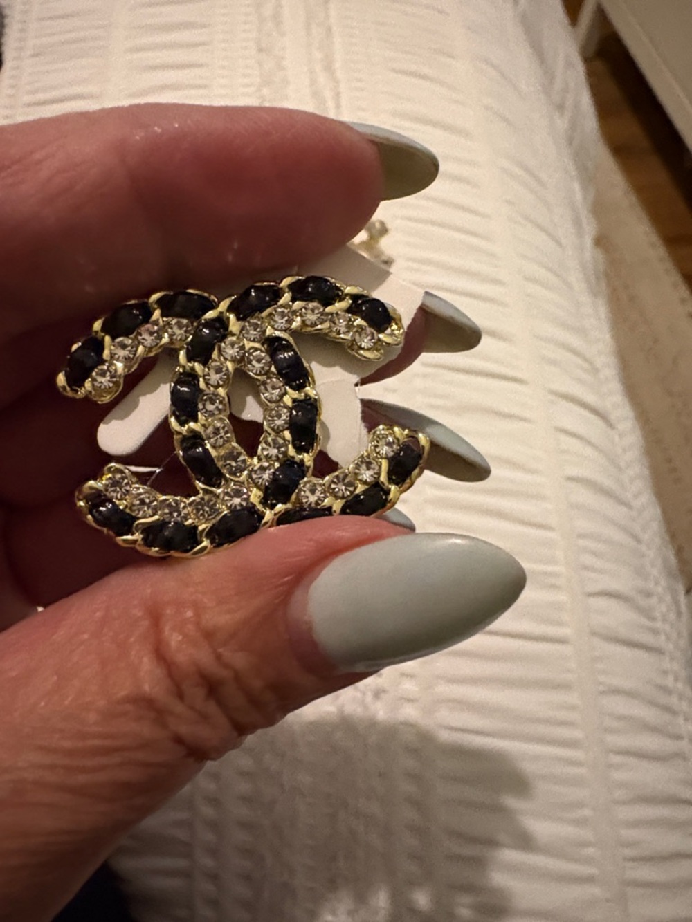 Gold-Tone Black & Clear Crystal Interlocking Logo Brooch